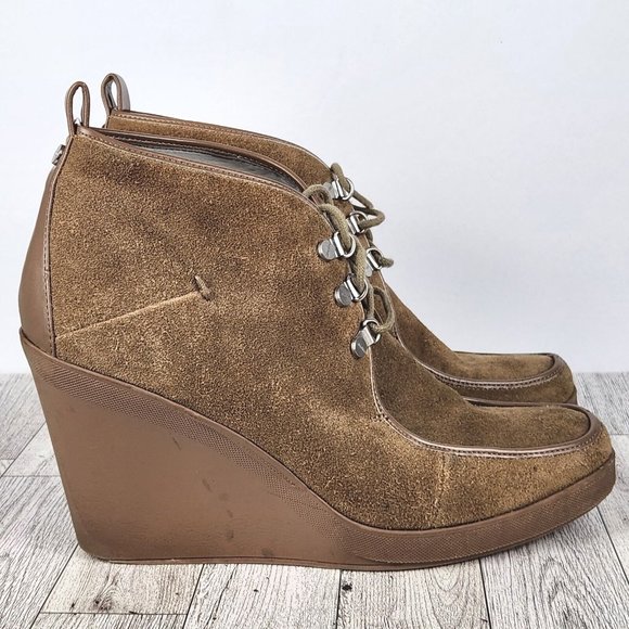 Calvin Klein Penelope Wedge Booties Womens Size 8.5M Tan Suede Lace-Up Ankle - Picture 1 of 16